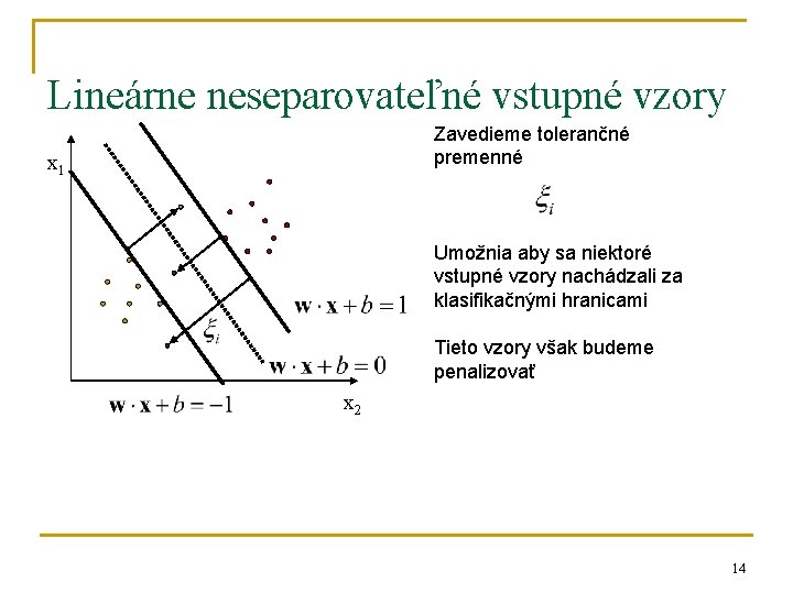 Lineárne neseparovateľné vstupné vzory Zavedieme tolerančné premenné x 1 Umožnia aby sa niektoré vstupné