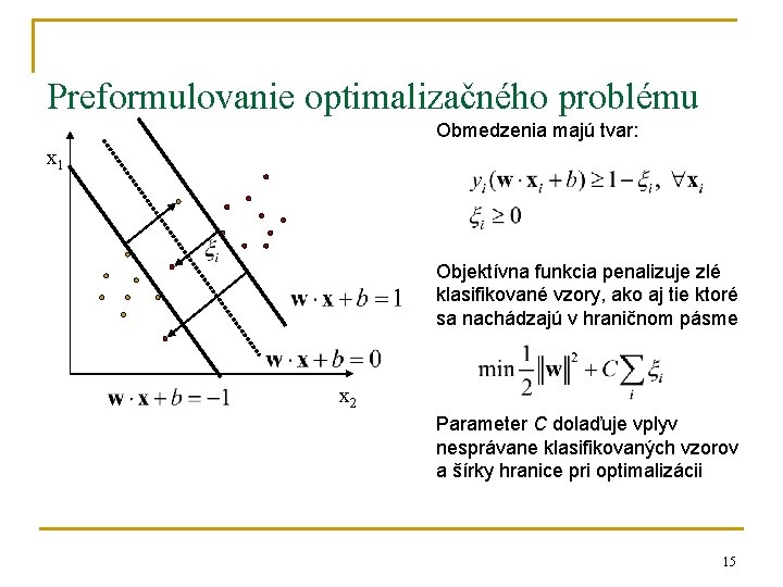 Preformulovanie optimalizačného problému Obmedzenia majú tvar: x 1 Objektívna funkcia penalizuje zlé klasifikované vzory,