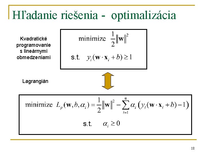 Hľadanie riešenia - optimalizácia Kvadratické programovanie s lineárnymi obmedzeniami s. t. Lagrangián s. t.