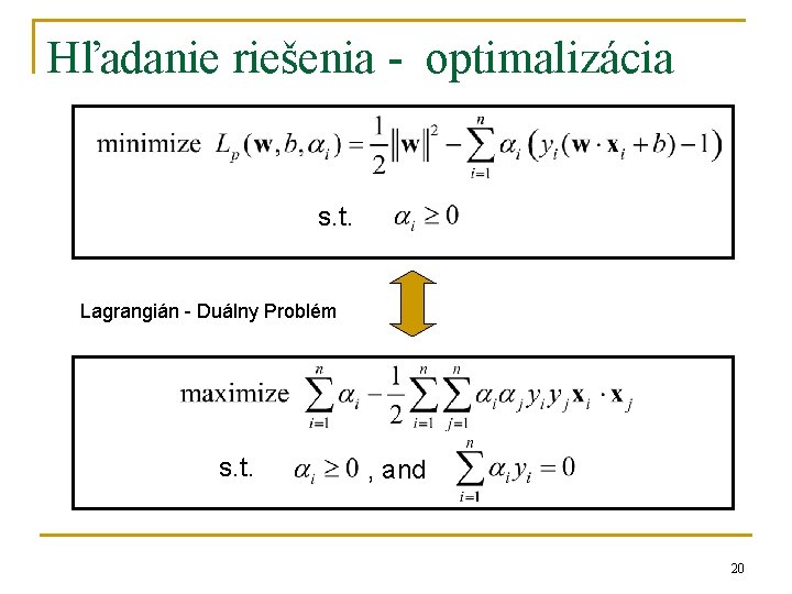 Hľadanie riešenia - optimalizácia s. t. Lagrangián - Duálny Problém s. t. , and