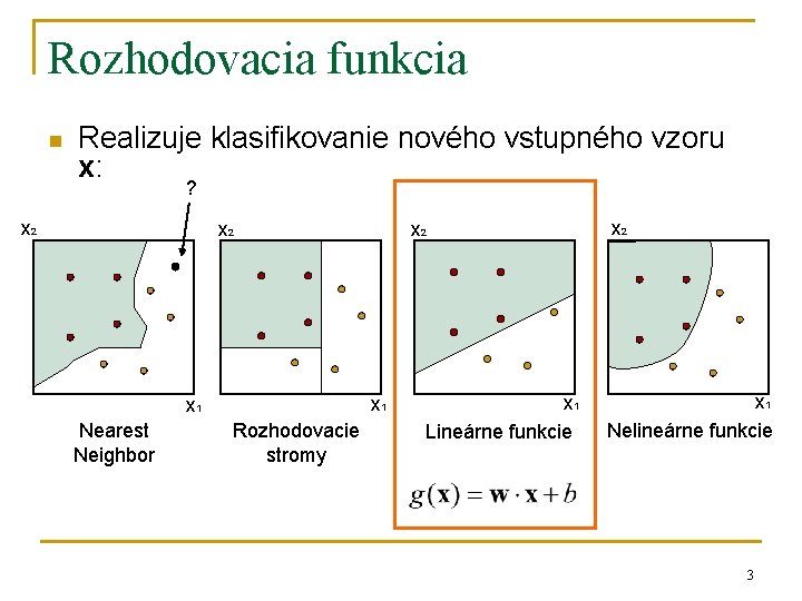 Rozhodovacia funkcia n Realizuje klasifikovanie nového vstupného vzoru x: ? x 2 x 2