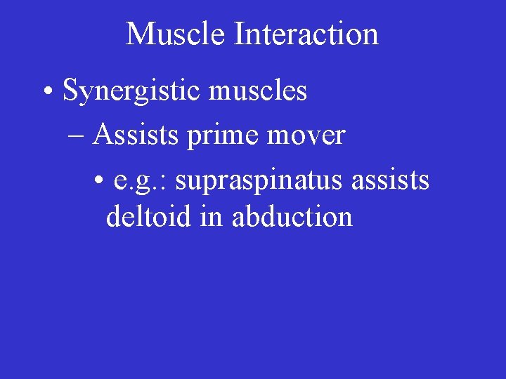 Muscle Interaction • Synergistic muscles – Assists prime mover • e. g. : supraspinatus