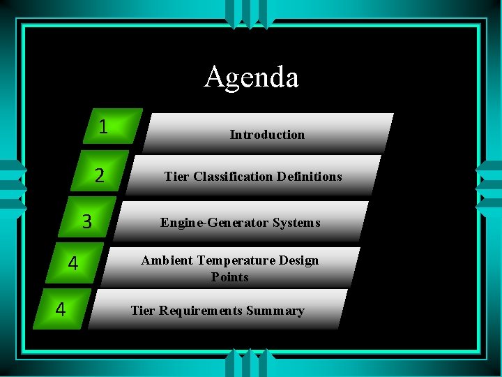 Agenda 1 1 2 3 4 4 Introduction Tier Classification Definitions Engine-Generator Systems Ambient