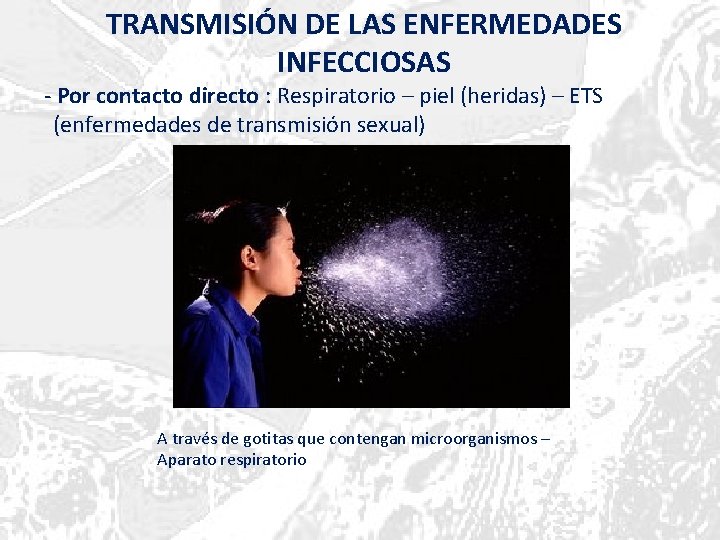 TRANSMISIÓN DE LAS ENFERMEDADES INFECCIOSAS - Por contacto directo : Respiratorio – piel (heridas)