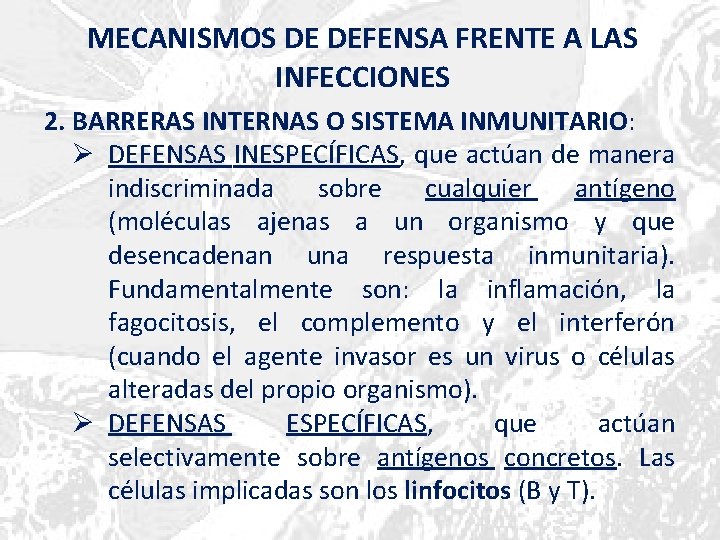 MECANISMOS DE DEFENSA FRENTE A LAS INFECCIONES 2. BARRERAS INTERNAS O SISTEMA INMUNITARIO: Ø