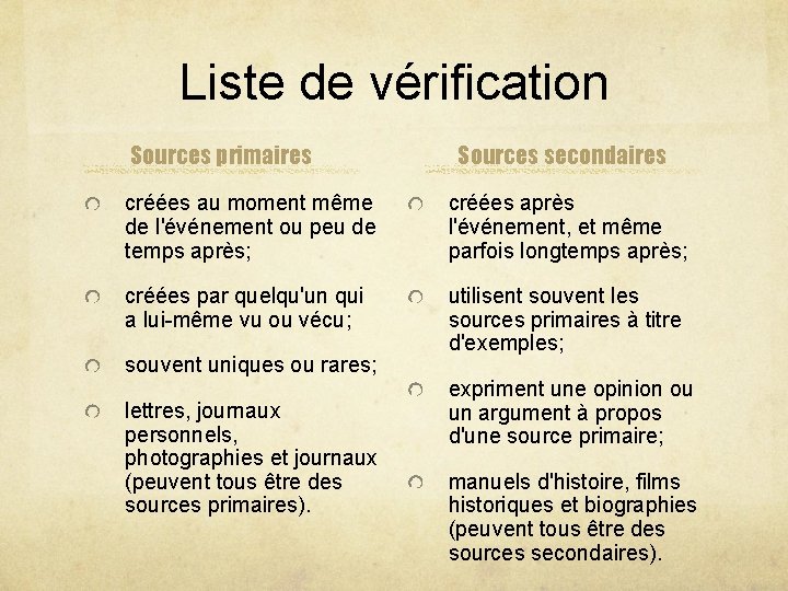 Liste de vérification Sources primaires Sources secondaires créées au moment même de l'événement ou