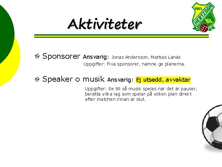 Aktiviteter Sponsorer Ansvarig: Jonas Andersson, Mattias Lanäs Uppgifter: Fixa sponsorer, namne ge planerna. Speaker