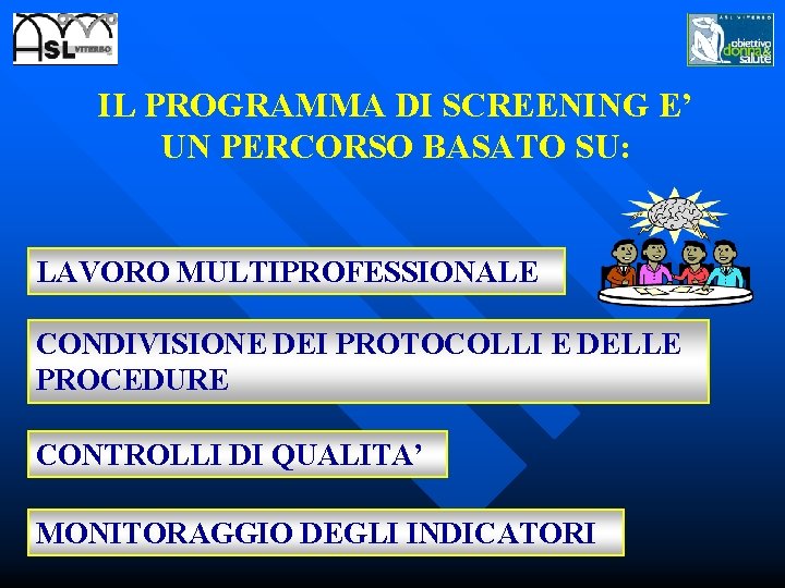 IL PROGRAMMA DI SCREENING E’ UN PERCORSO BASATO SU: LAVORO MULTIPROFESSIONALE CONDIVISIONE DEI PROTOCOLLI