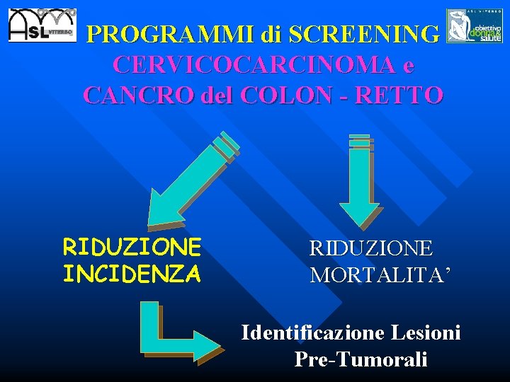 PROGRAMMI di SCREENING CERVICOCARCINOMA e CANCRO del COLON - RETTO RIDUZIONE INCIDENZA RIDUZIONE MORTALITA’