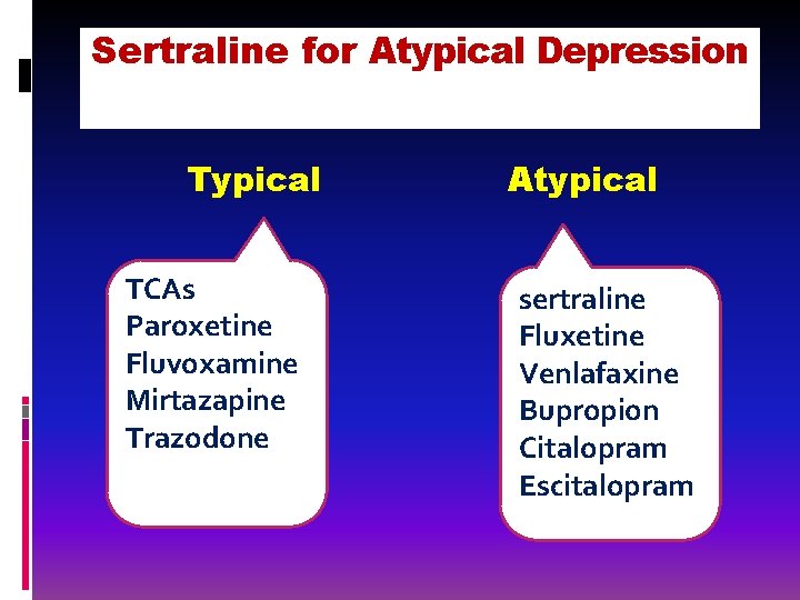 Sertraline for Atypical Depression Typical TCAs Paroxetine Fluvoxamine Mirtazapine Trazodone Atypical sertraline Fluxetine Venlafaxine