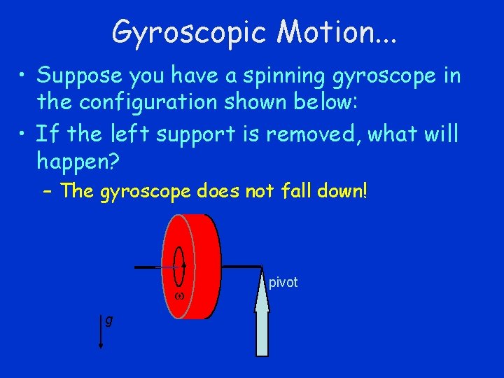 Gyroscopic Motion. . . • Suppose you have a spinning gyroscope in the configuration
