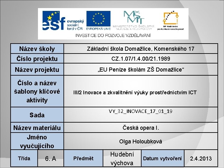 Název školy Základní škola Domažlice, Komenského 17 Číslo projektu CZ. 1. 07/1. 4. 00/21.