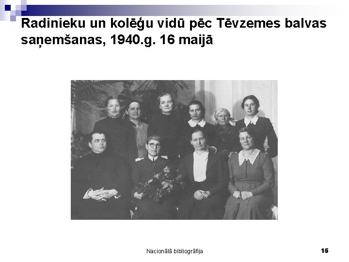 Radinieku un kolēģu vidū pēc Tēvzemes balvas saņemšanas, 1940. g. 16 maijā Nacionālā bibliogrāfija