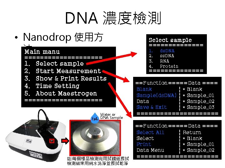 DNA 濃度檢測 • Nanodrop 使用方 法 Main manu Water or 2µL DNA Sample =======