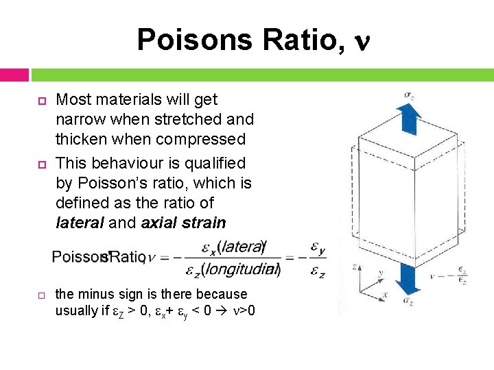 Poisons Ratio, Most materials will get narrow when stretched and thicken when compressed This