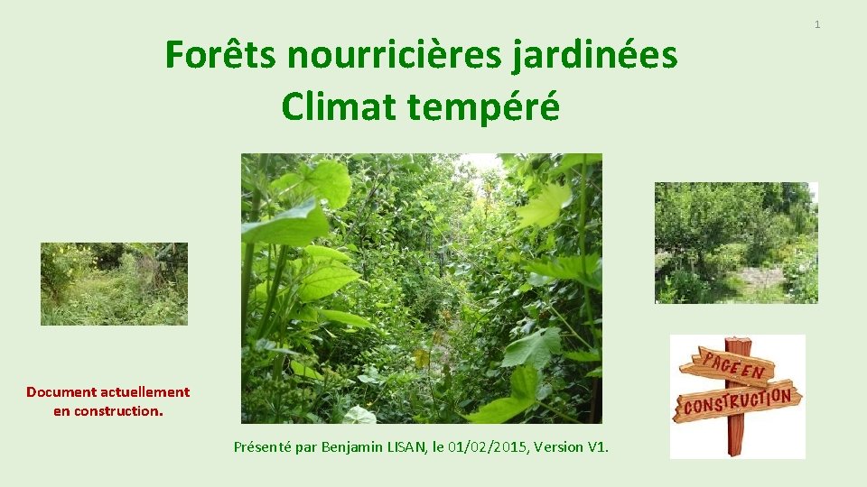 Forêts nourricières jardinées Climat tempéré Document actuellement en construction. Présenté par Benjamin LISAN, le