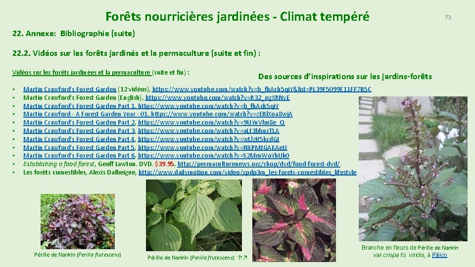 Forêts nourricières jardinées - Climat tempéré 73 22. Annexe: Bibliographie (suite) 22. 2. Vidéos