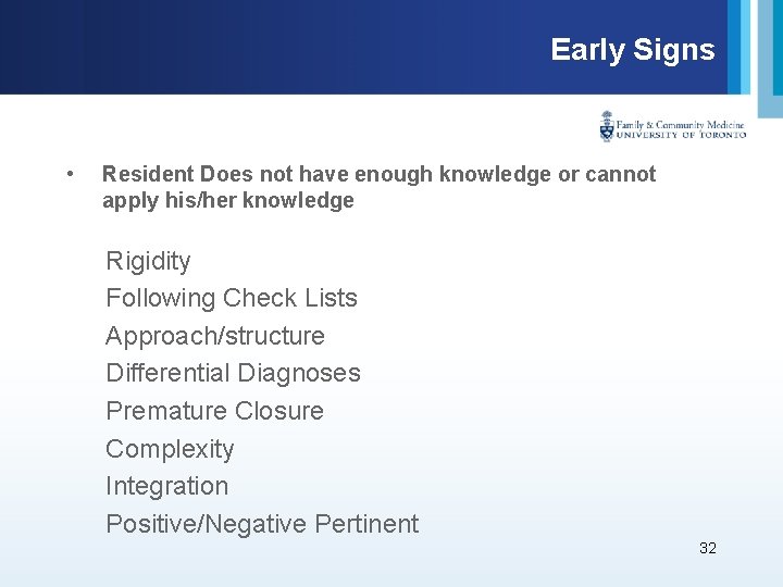 Early Signs • Resident Does not have enough knowledge or cannot apply his/her knowledge
