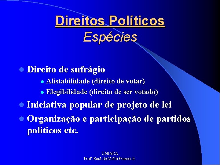 Direitos Políticos Espécies l Direito de sufrágio Alistabilidade (direito de votar) l Elegibilidade (direito Direitos Políticos Espécies l Direito de sufrágio Alistabilidade (direito de votar) l Elegibilidade (direito