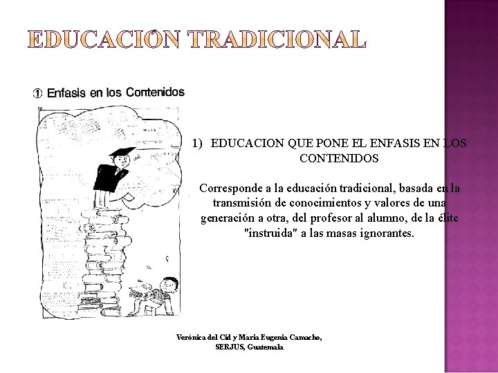 1) EDUCACION QUE PONE EL ENFASIS EN LOS CONTENIDOS Corresponde a la educación tradicional, 1) EDUCACION QUE PONE EL ENFASIS EN LOS CONTENIDOS Corresponde a la educación tradicional,