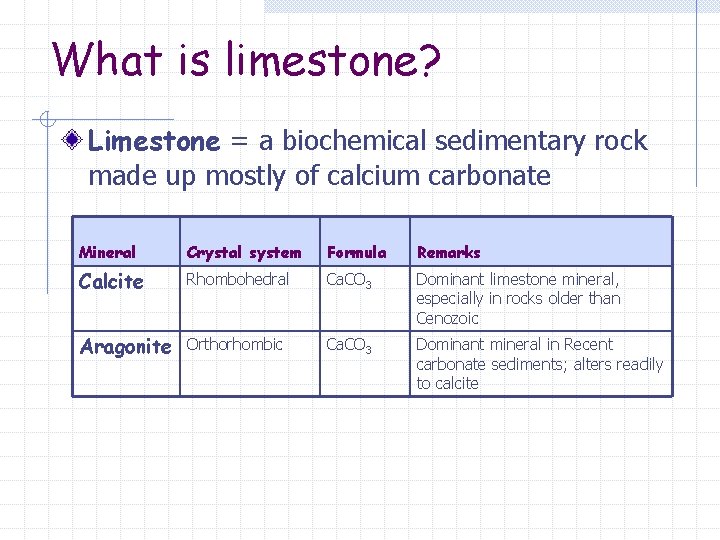 What is limestone? Limestone = a biochemical sedimentary rock made up mostly of calcium