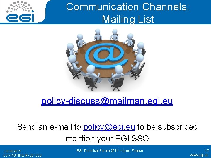 Communication Channels: Mailing List policy-discuss@mailman. egi. eu Send an e-mail to policy@egi. eu to