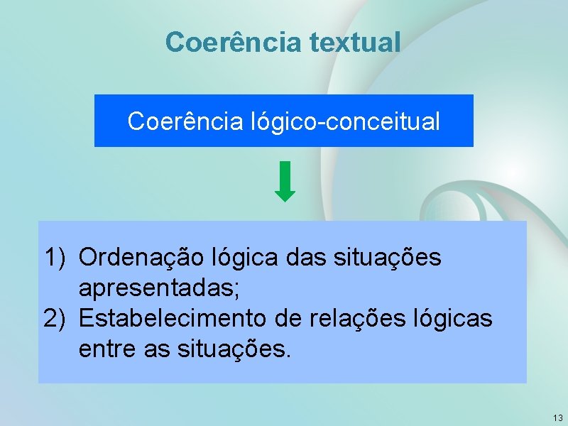 Coerência textual Coerência lógico-conceitual 1) Ordenação lógica das situações apresentadas; 2) Estabelecimento de relações