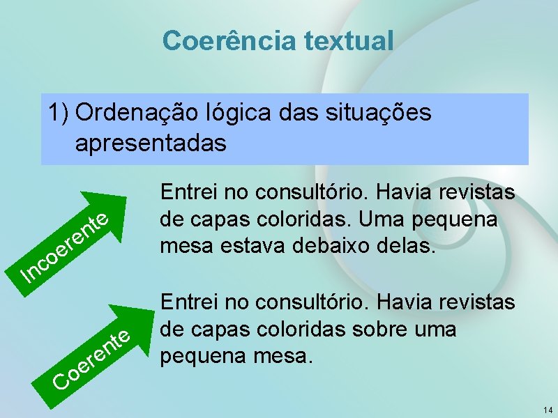 Coerência textual 1) Ordenação lógica das situações apresentadas e t en r e o