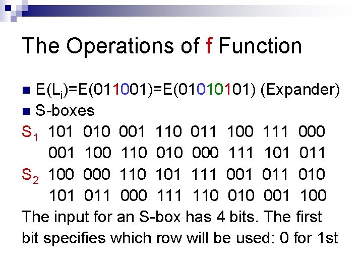 The Operations of f Function E(Li)=E(011001)=E(0101) (Expander) n S-boxes S 1 101 010 001