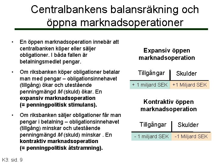 Centralbankens balansräkning och öppna marknadsoperationer • • • En öppen marknadsoperation innebär att centralbanken