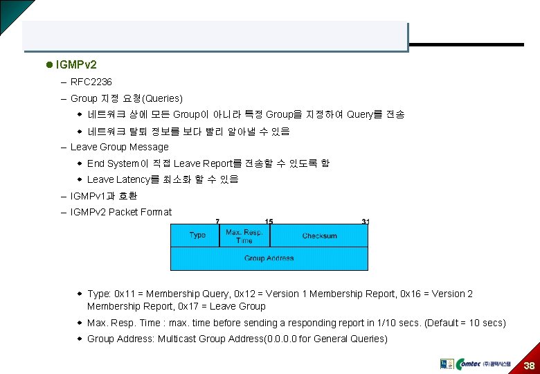 l IGMPv 2 – RFC 2236 – Group 지정 요청(Queries) w 네트워크 상에 모든