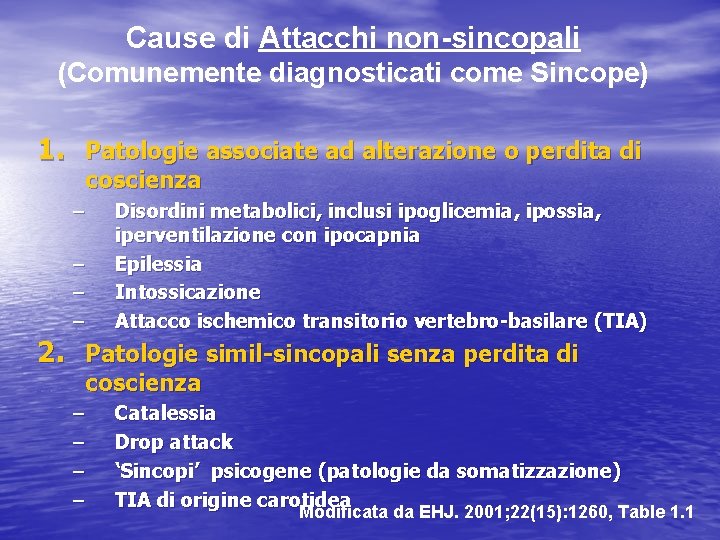 Cause di Attacchi non-sincopali (Comunemente diagnosticati come Sincope) 1. Patologie associate ad alterazione o