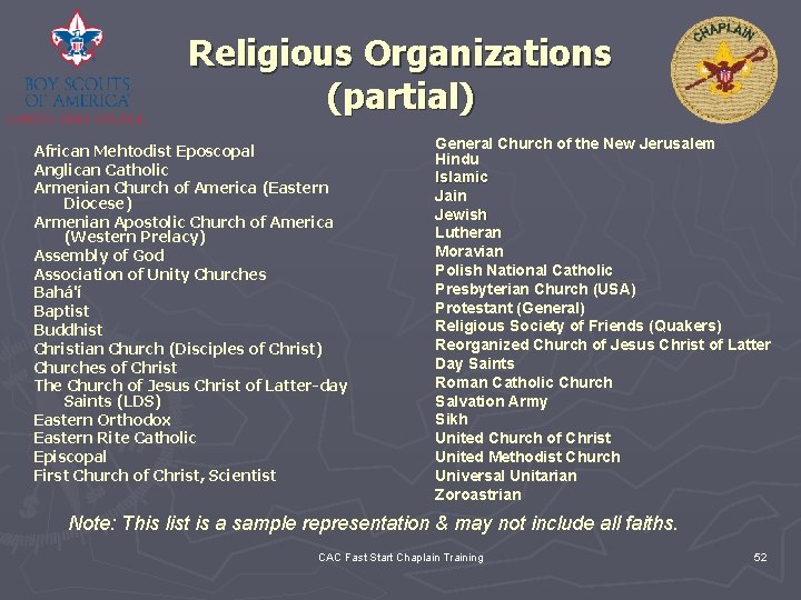 Religious Organizations (partial) African Mehtodist Eposcopal Anglican Catholic Armenian Church of America (Eastern Diocese)
