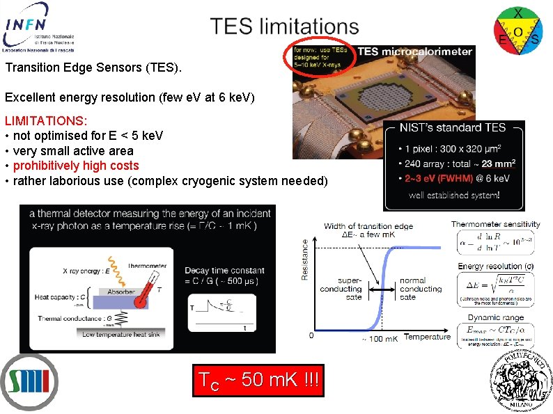Transition Edge Sensors (TES). Excellent energy resolution (few e. V at 6 ke. V)