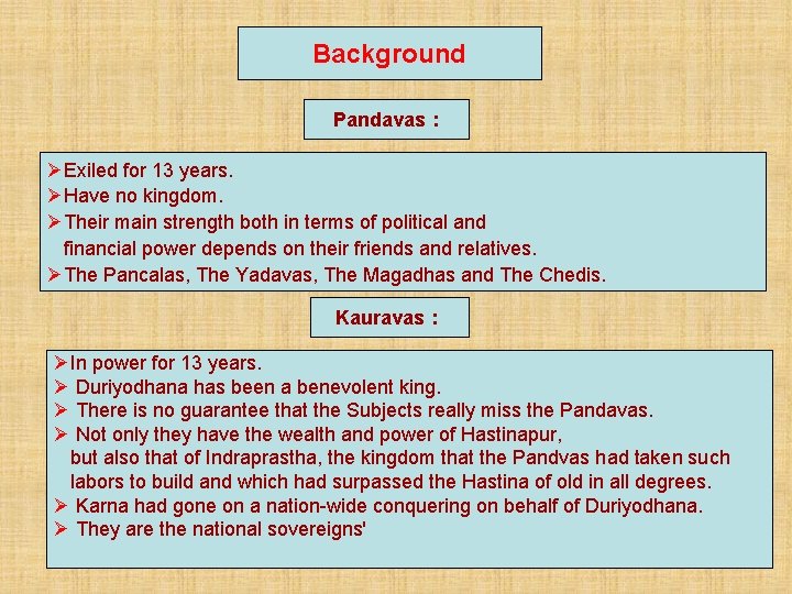 Background Pandavas : ØExiled for 13 years. ØHave no kingdom. ØTheir main strength both