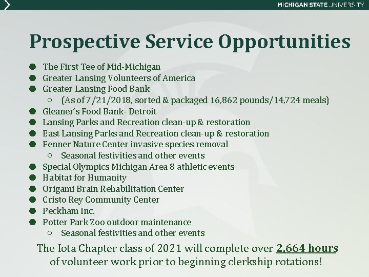 Prospective Service Opportunities ● The First Tee of Mid-Michigan ● Greater Lansing Volunteers of