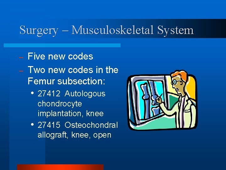 Surgery – Musculoskeletal System Five new codes – Two new codes in the Femur