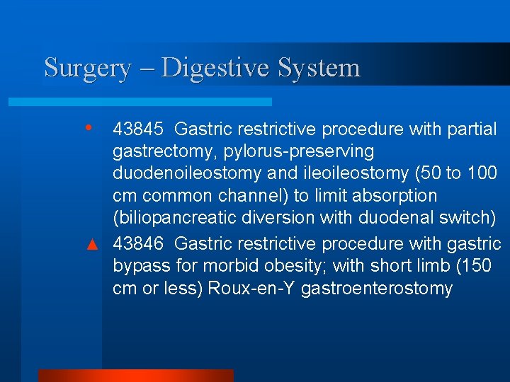 Surgery – Digestive System • 43845 Gastric restrictive procedure with partial gastrectomy, pylorus-preserving duodenoileostomy