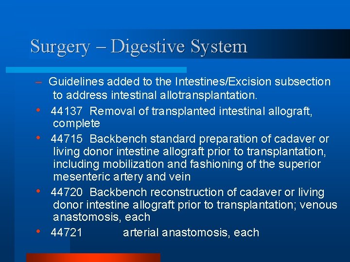 Surgery – Digestive System – Guidelines added to the Intestines/Excision subsection to address intestinal