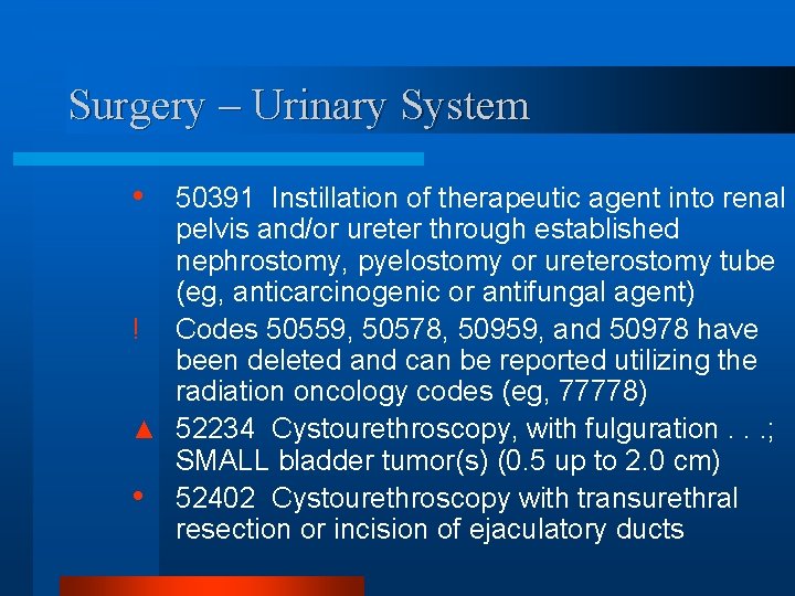 Surgery – Urinary System • 50391 Instillation of therapeutic agent into renal pelvis and/or