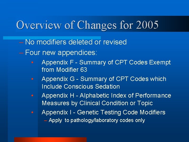 Overview of Changes for 2005 – No modifiers deleted or revised – Four new