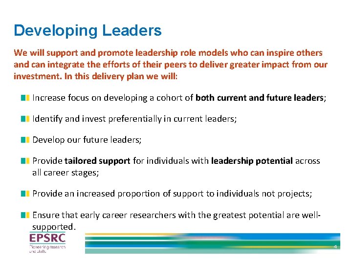 Developing Leaders We will support and promote leadership role models who can inspire others Developing Leaders We will support and promote leadership role models who can inspire others