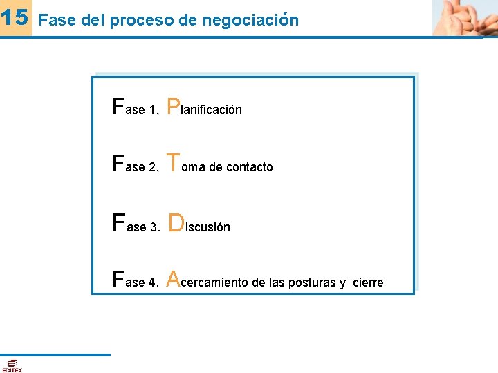 15 Fase del proceso de negociación Fase 1. Planificación Fase 2. Toma de contacto