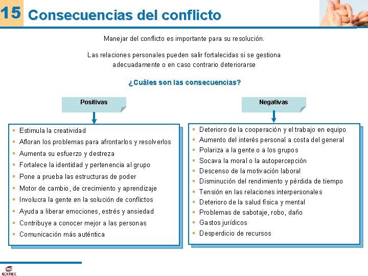 15 Consecuencias del conflicto Manejar del conflicto es importante para su resolución. Las relaciones