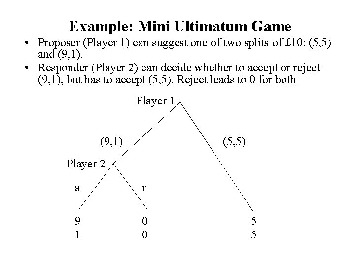 Example: Mini Ultimatum Game • Proposer (Player 1) can suggest one of two splits