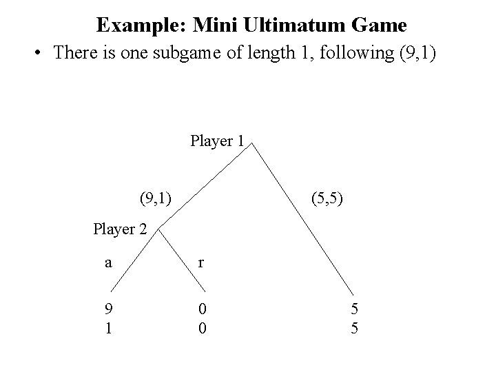 Example: Mini Ultimatum Game • There is one subgame of length 1, following (9,