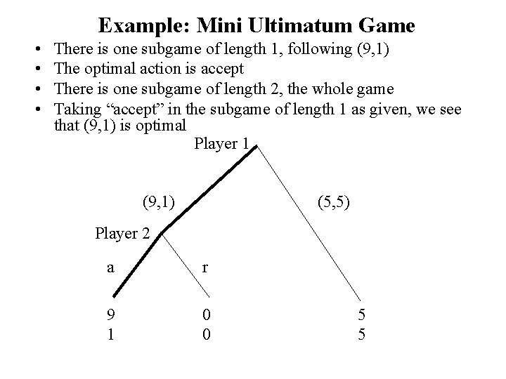 Example: Mini Ultimatum Game • • There is one subgame of length 1, following