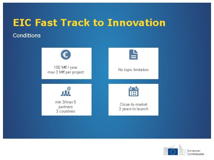 EIC Fast Track to Innovation Conditions 100 M€ / year max 3 M€ per