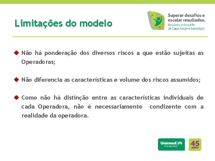 Limitações do modelo u Não há ponderação dos diversos riscos a que estão sujeitas