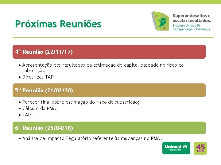 Próximas Reuniões 4ª Reunião (22/11/17) • Apresentação dos resultados da estimação do capital baseado